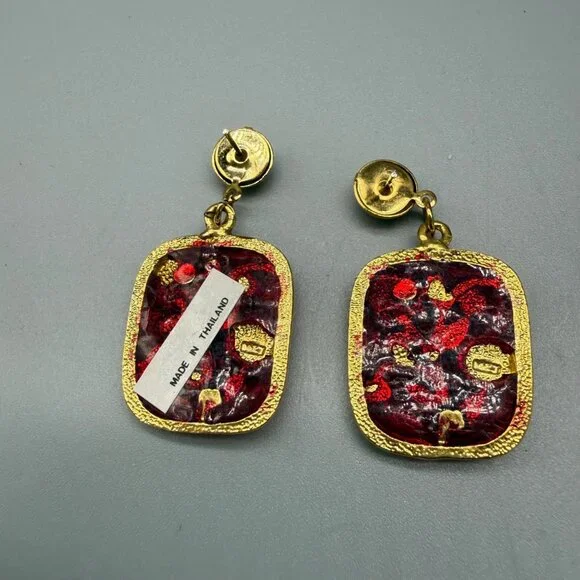 Earrings Dangle Floral Rhinestone Faux Pearls Enamel Asian Gold Tone - Picture 6 of 7